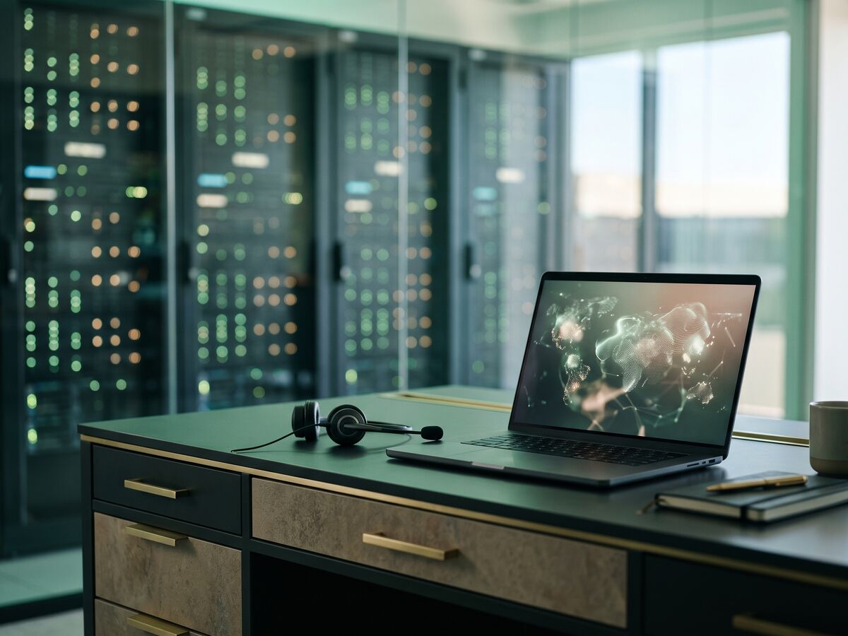 A laptop and headset beside server cabinets